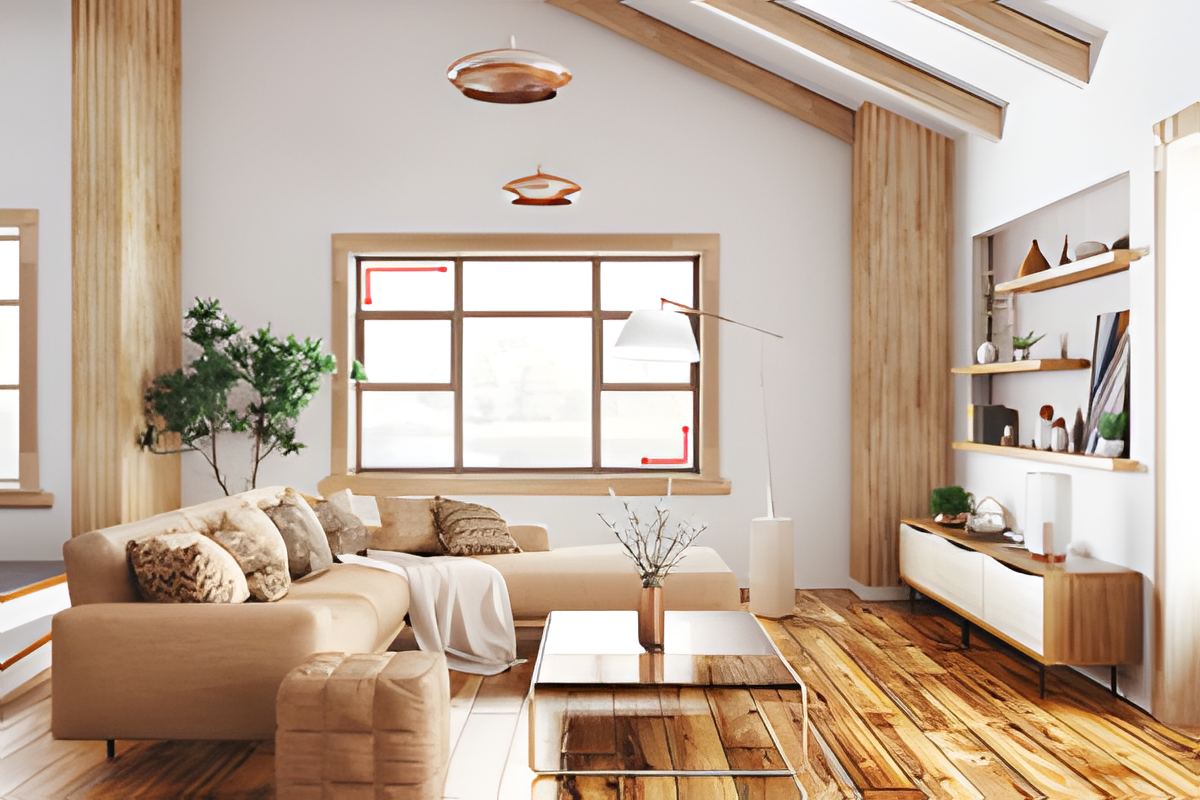 Salon scandinave avec poutres apparentes, canapé beige et parquet bois clair – Ambiance chaleureuse et épurée.